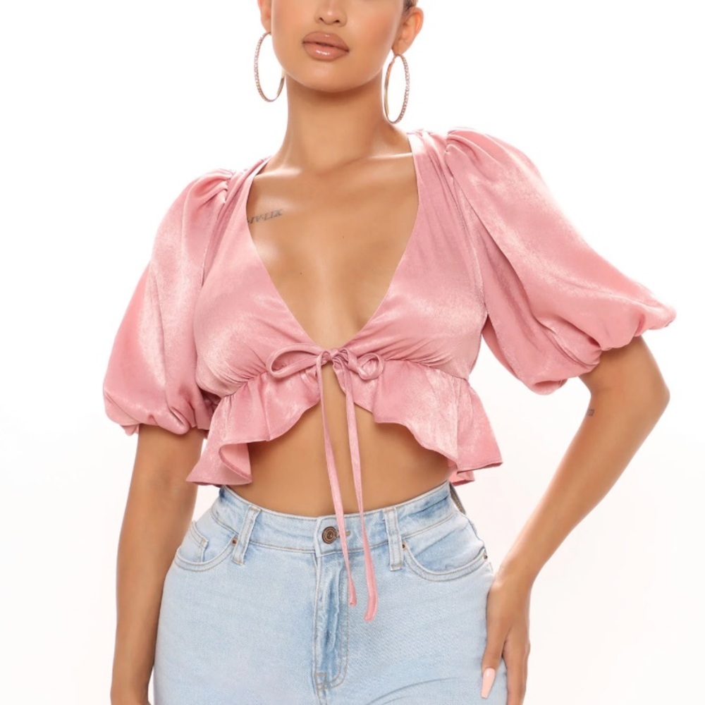 Fashion Nova NWT “Charming Soul Satin Top” in rose. Puffed sleeve tied crop top